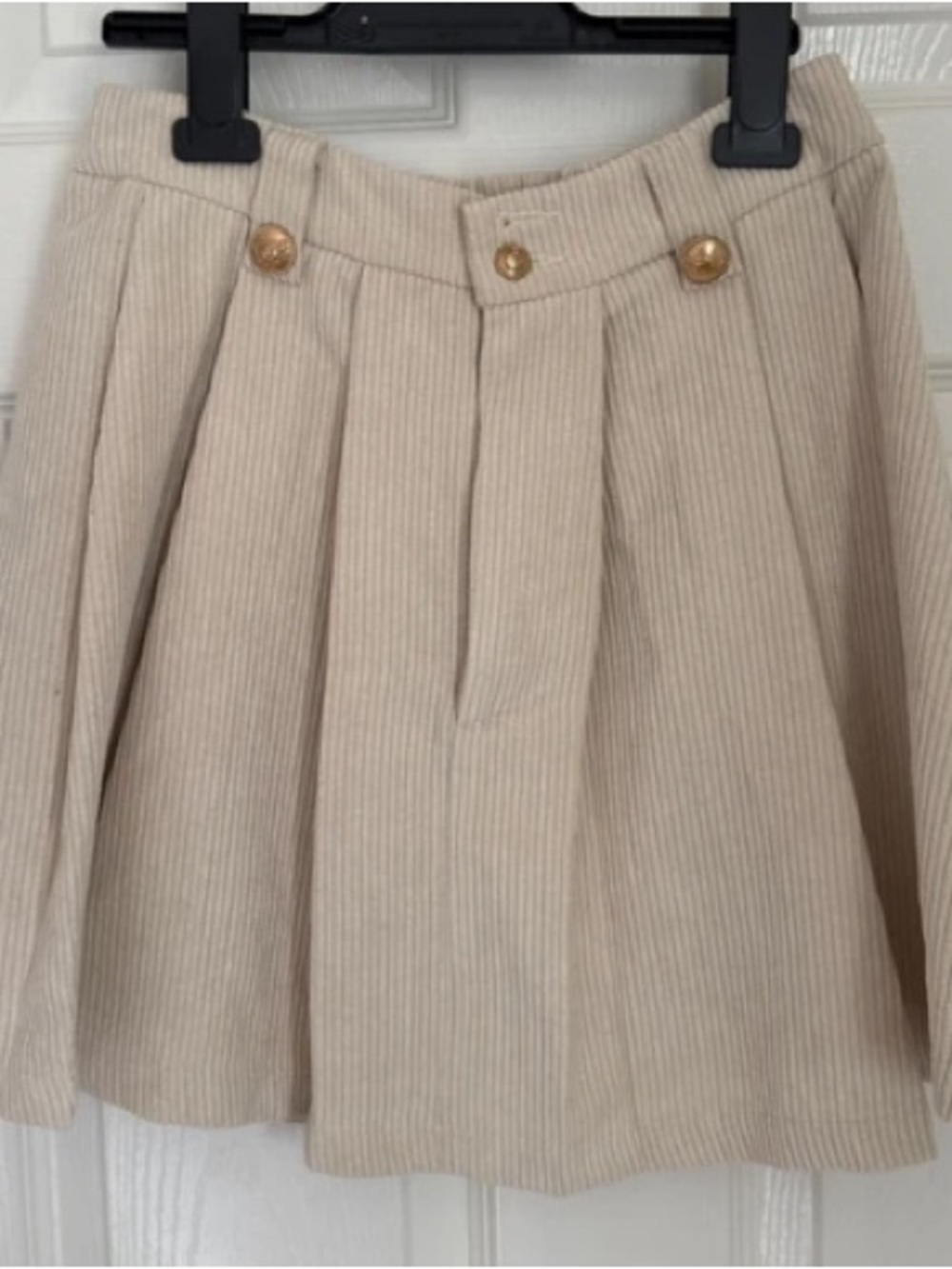 SHEIN Beige Corduroy Pleated Circle Mini Skirt with Gold Buttons